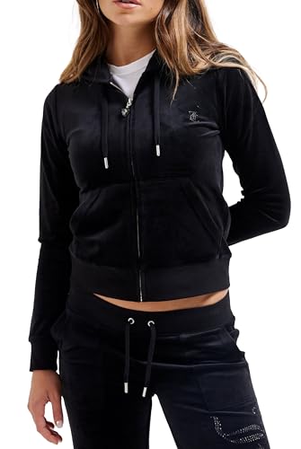 Juicy Couture Damen Robertson Jewelled Hoodie Kapuzensweatjacke, Sweatjacke mit Kapuze und Reißverschluss aus Velour Kapuzenpullover, Black, im Sale